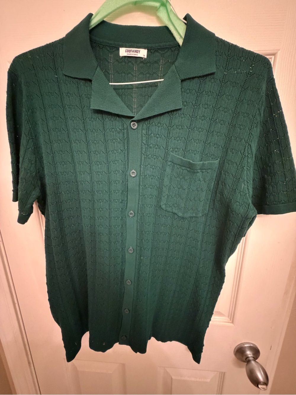 Cofandry Men's Dark Green Short-Sleeve Knit Button-Down Shirt